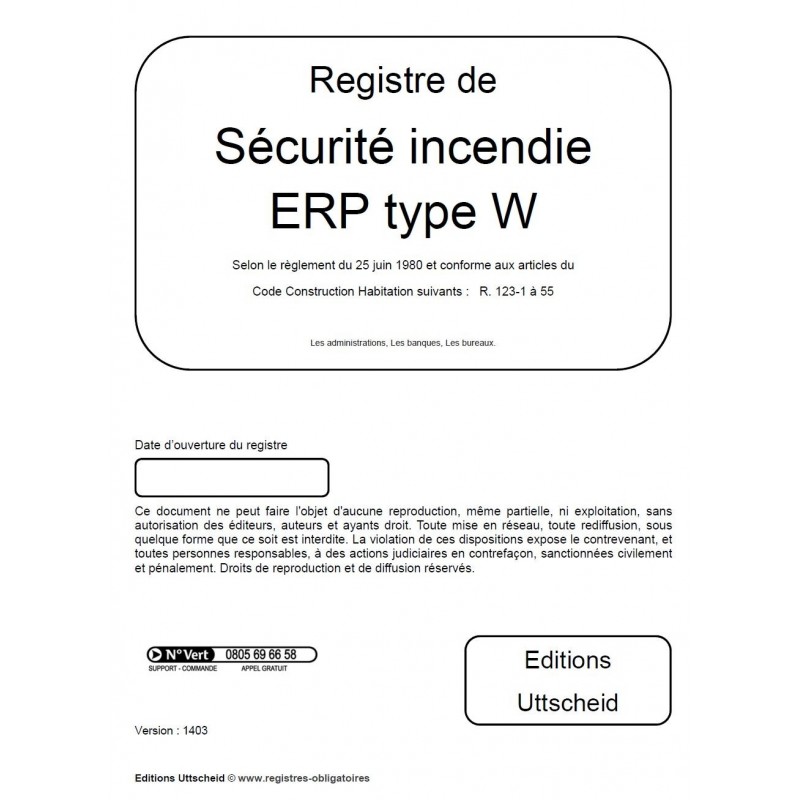 Registre de sécurité incendie ERP de type W (administrations, banques, bureaux)