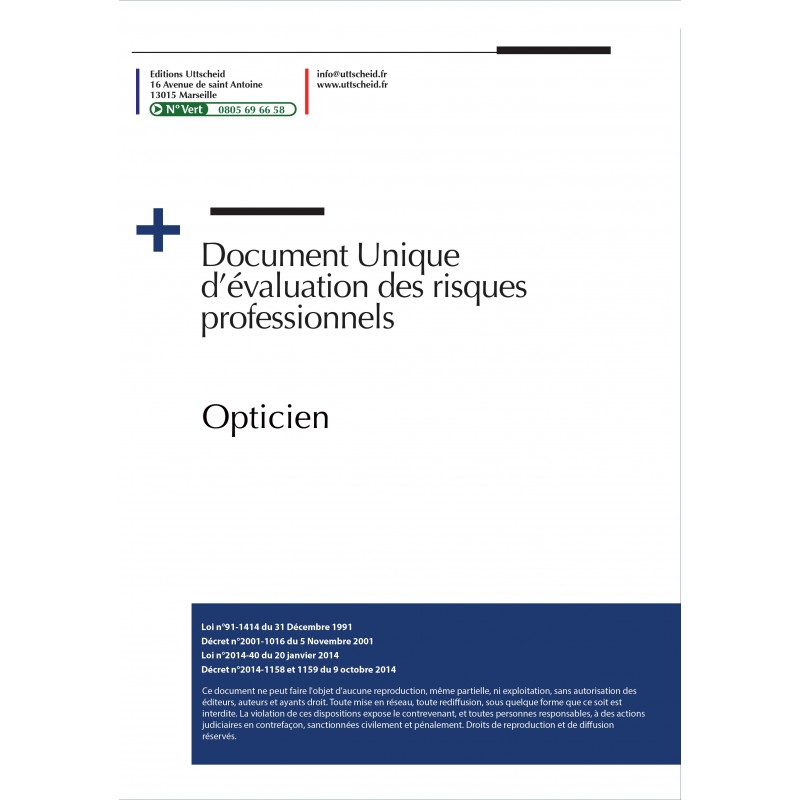 Document Unique d'évaluation des risques professionnels métier (Pré-rempli) : Opticien-lunetier - Version 2024