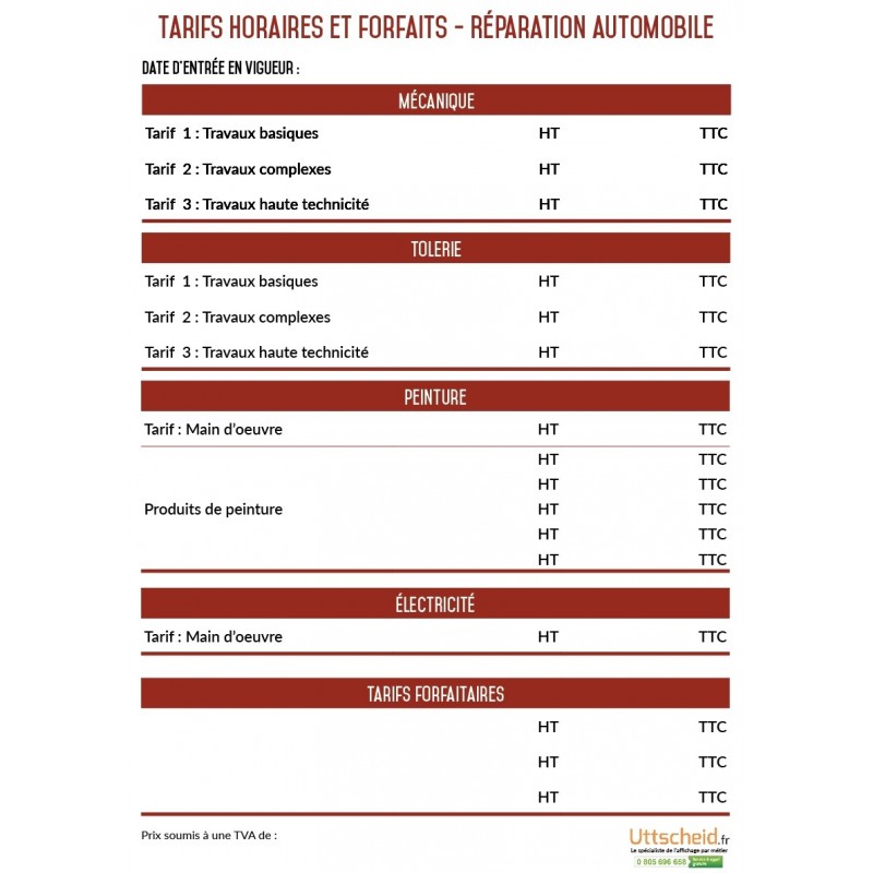 Affichage des tarifs horaires des réparations automobiles - A4 